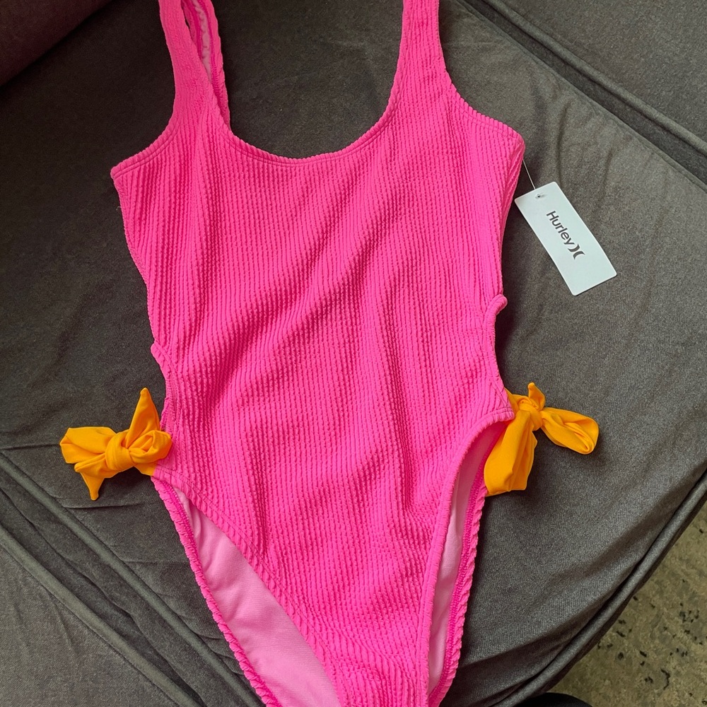 Hurley Bright Pink One Piece Swimsuit with Orange Accents